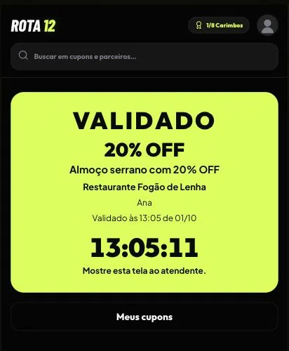 Comprovante verde com VALIDADO e relógio