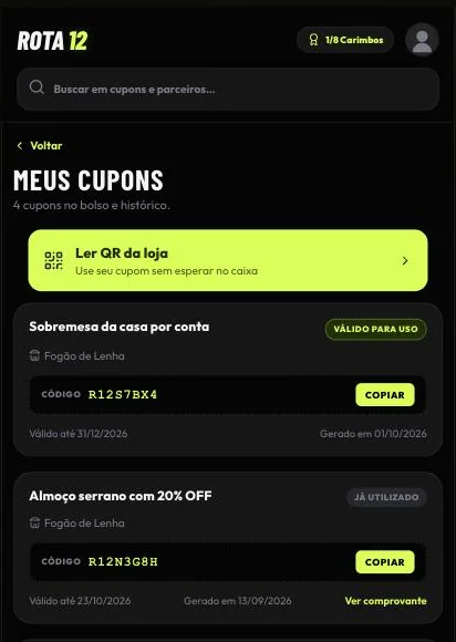 Lista Meus cupons com o código do cupom